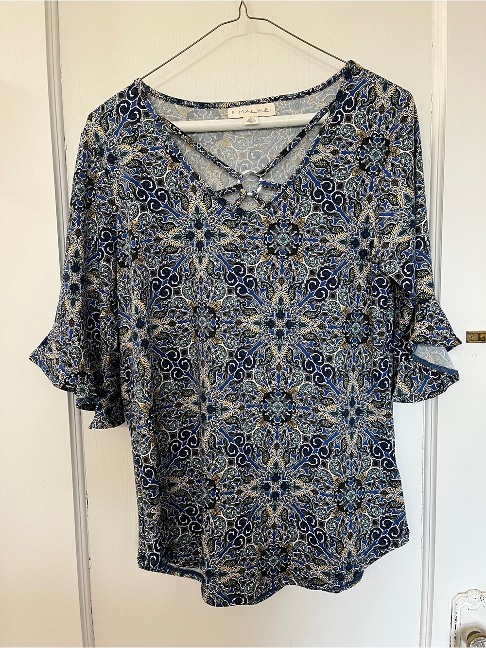 Royal, gold, and turquoise top by Emaline, S